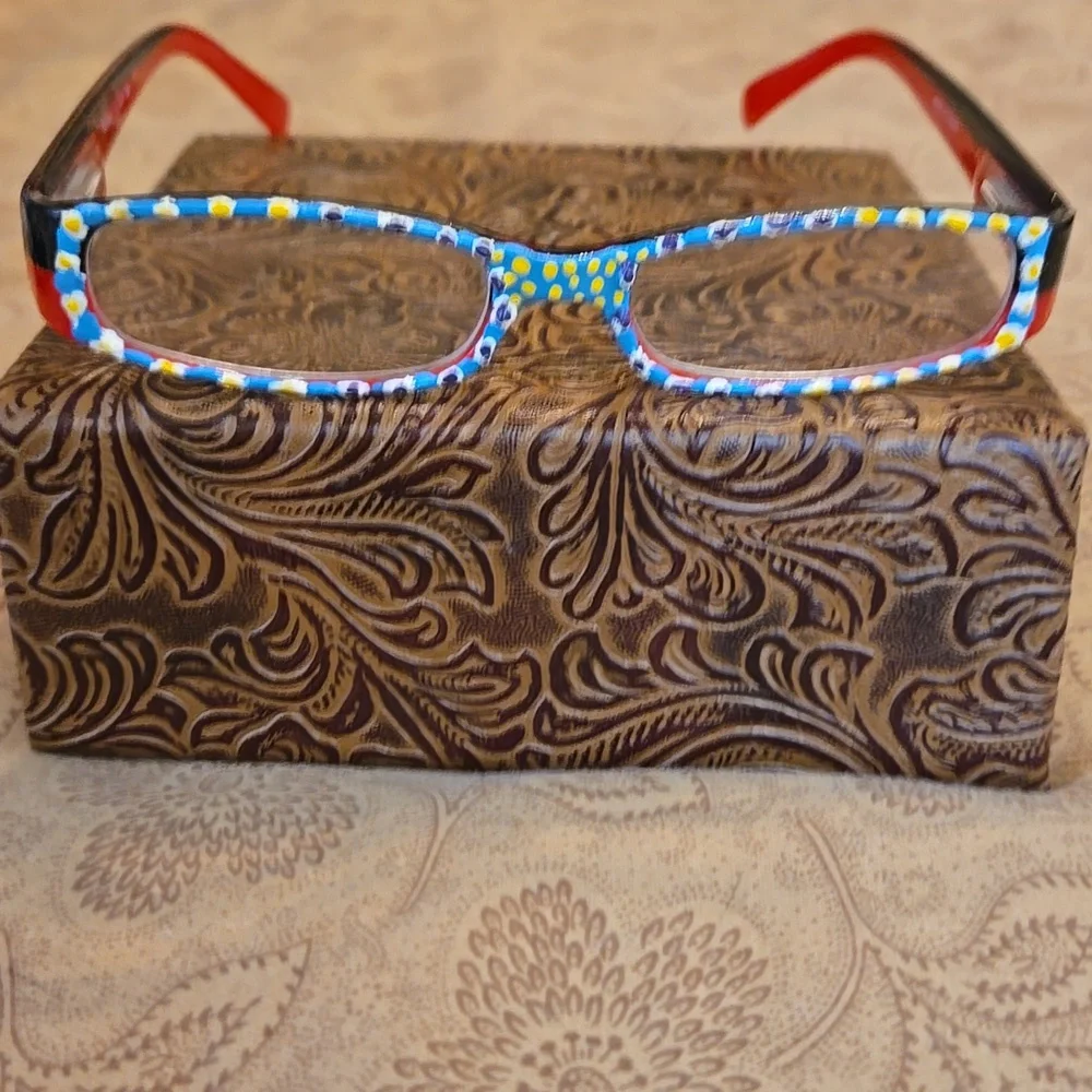 Hand Painted +1.25 Reading Glasses, rectangular shape with soft sleeve Case